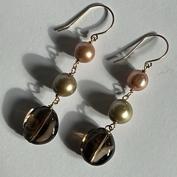 14K Yellow Gold Pearls Smoky Quartz Dangling Earrings - Picture 14 of 16